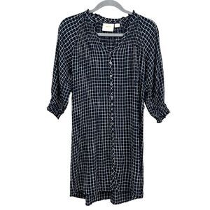 Anthropologie Maeve‎ Womens Plaid Dress Ruffled V Neck Long Sleeve Navy Sz XXSP